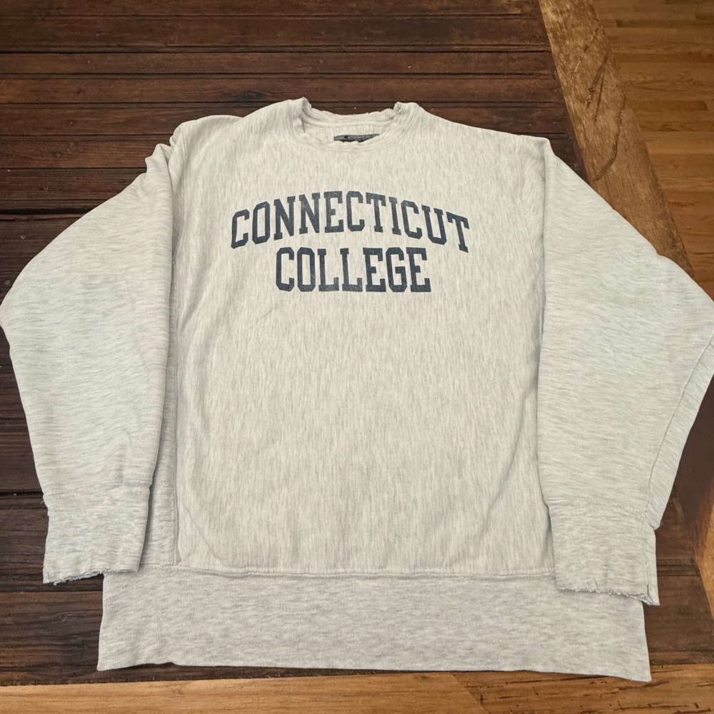 Champion Reverse Weave Connecticut College Sweatshirt Gray Mens Small Distressed